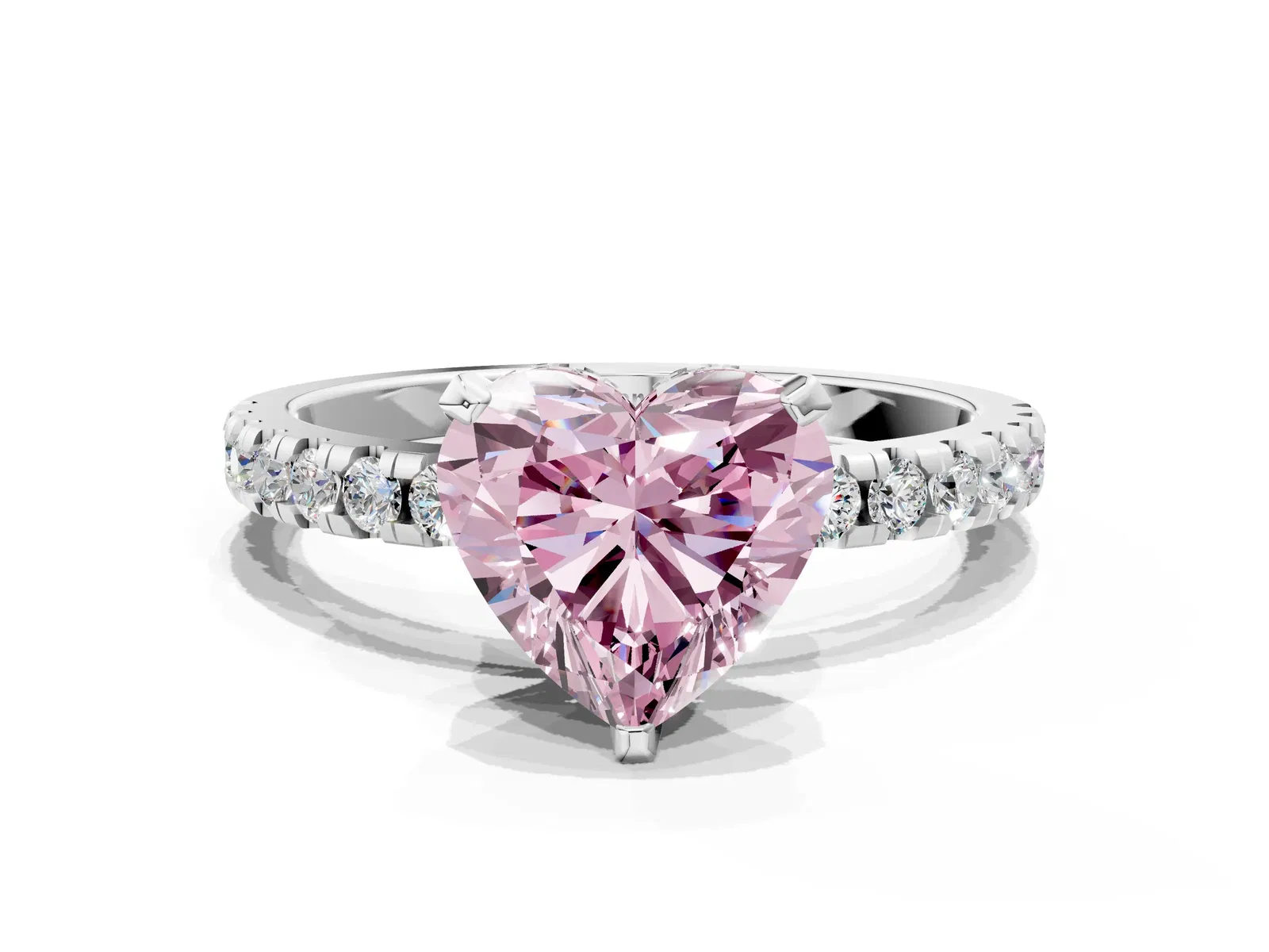 Fancy Pink Heart Cut Diamond Solitaire Ring with Round Pavé Band and Four-Prong Setting Platinum