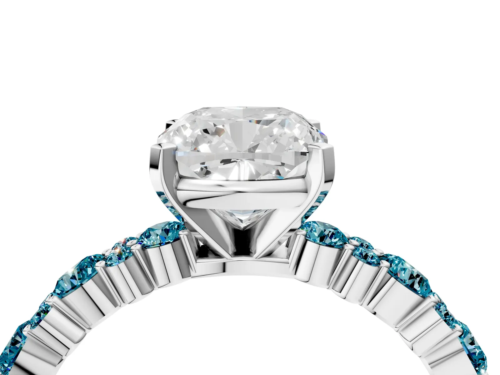 Cushion Cut Diamond Side Stone Solitaire Ring with Round Blue Topaz and Four-Prong Setting Platinum