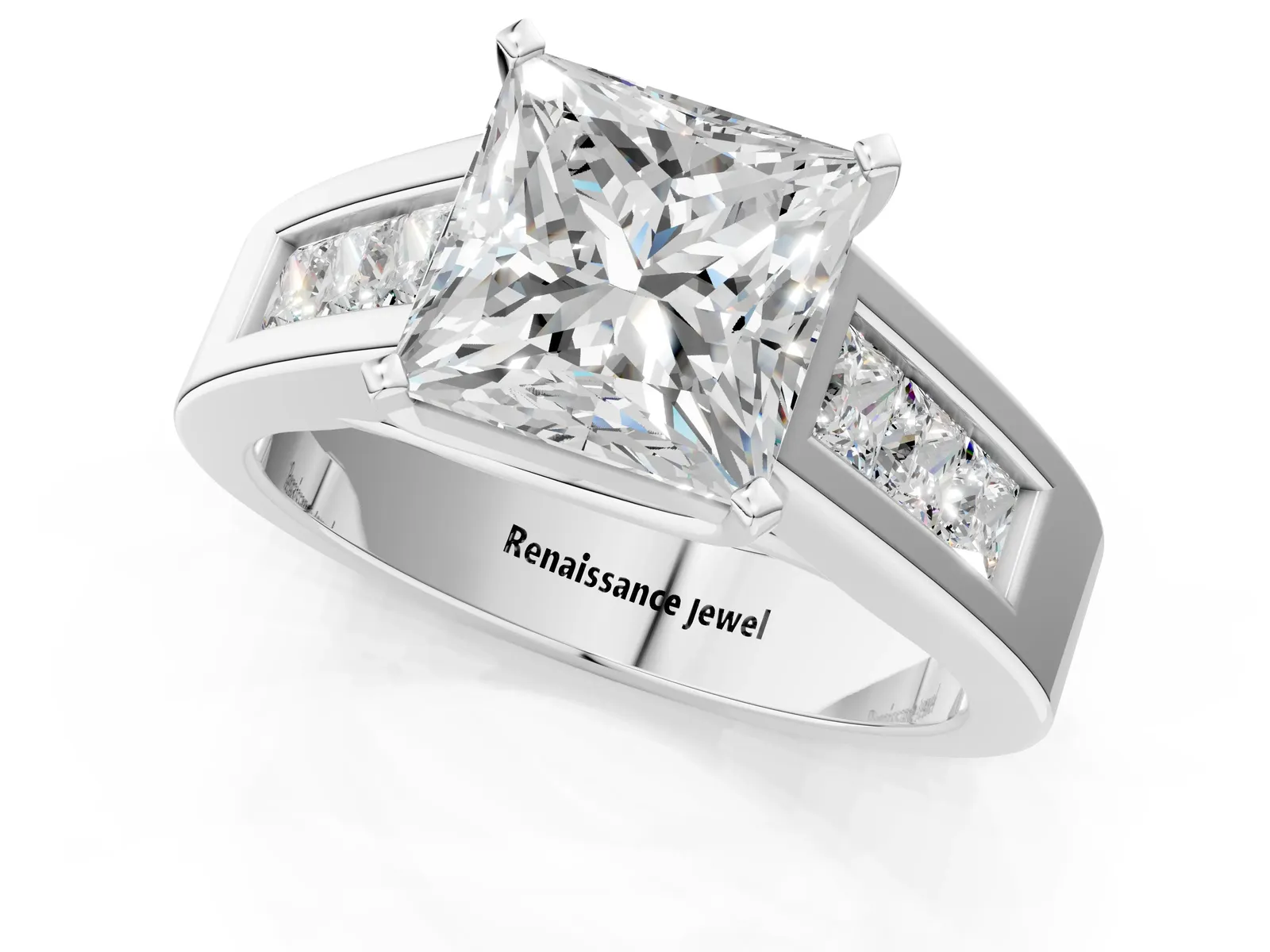 Princess Cut Cut Channel Set Solitaire Ring with Four-Prong Setting Platinum