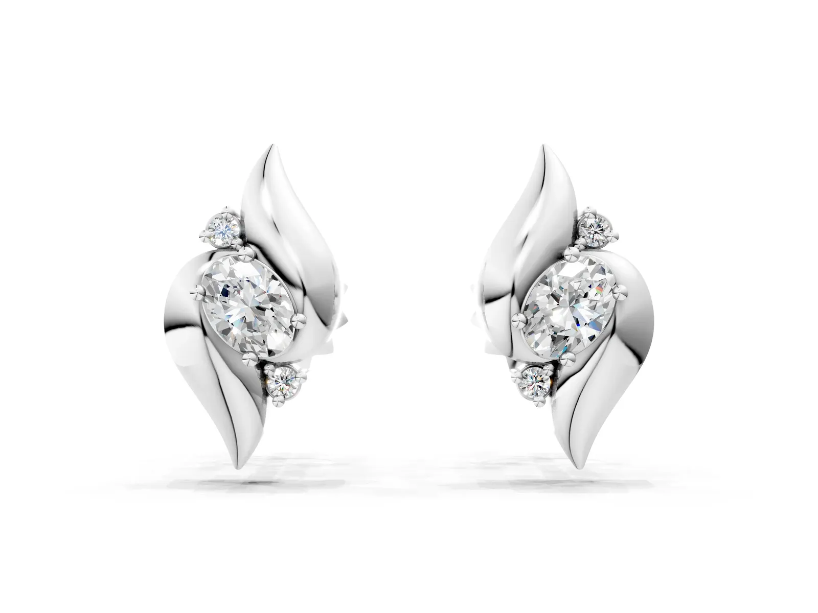 Oval Diamond Shell Stud Earrings Platinum
