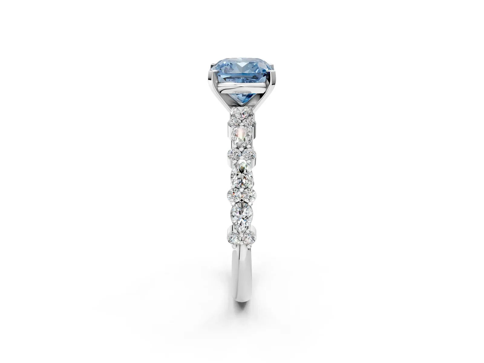 Fancy Blue Cushion Cut Diamond Side Stone Solitaire Ring with Round and Four-Prong Setting Platinum