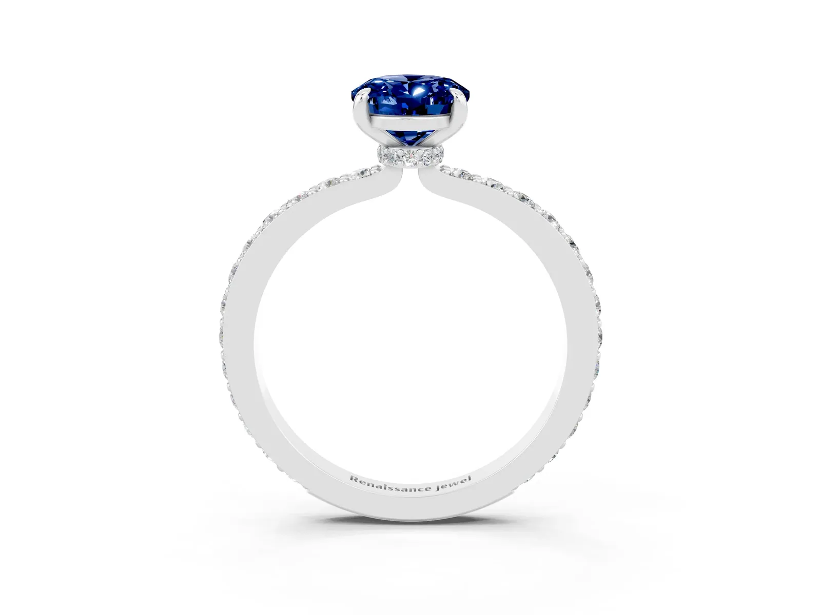 Oval Cut Blue Sapphire Solitaire Engagement Ring with Pavé Band and Four-Prong Setting Platinum