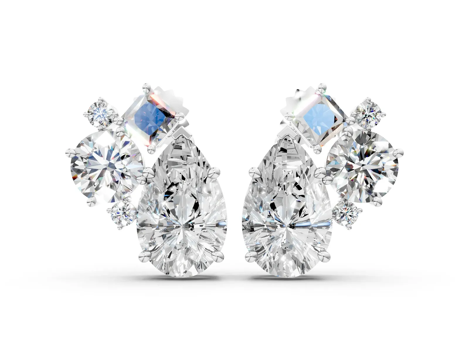 Multi-Shape Diamond Mosaic Five Stone Stud Earrings Platinum