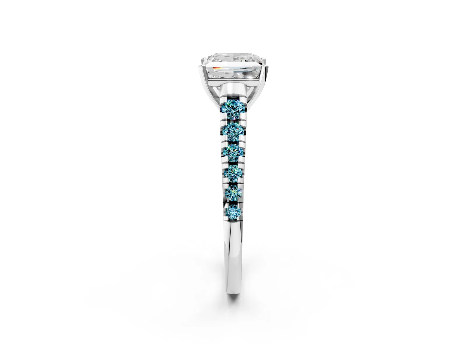 Princess Cut Diamond Cathedral Solitaire Ring with Round Blue Topaz Pavé Band Platinum