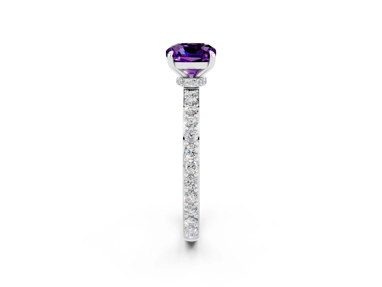 Cushion Cut Amethyst Solitaire Engagement Ring with Pavé Band and Four-Prong Setting Platinum