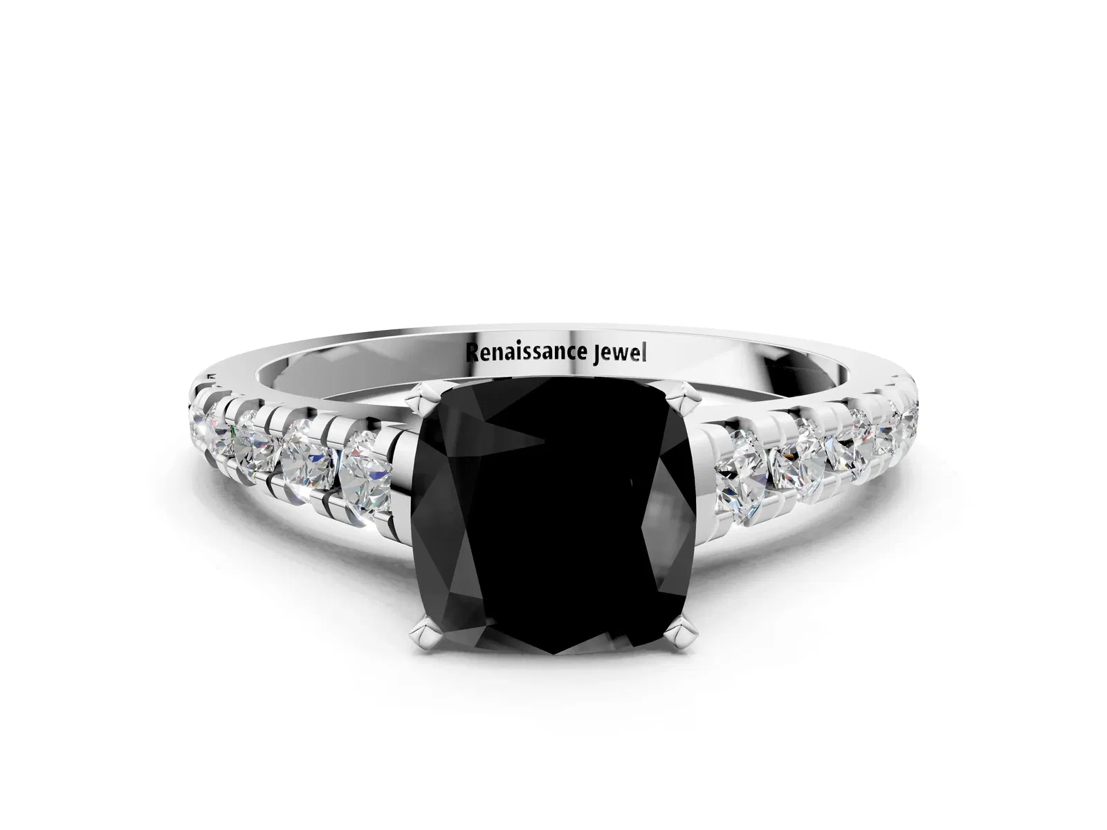 Fancy Black Cushion Cut Diamond Cathedral Solitaire Ring with Round Pavé Band Platinum