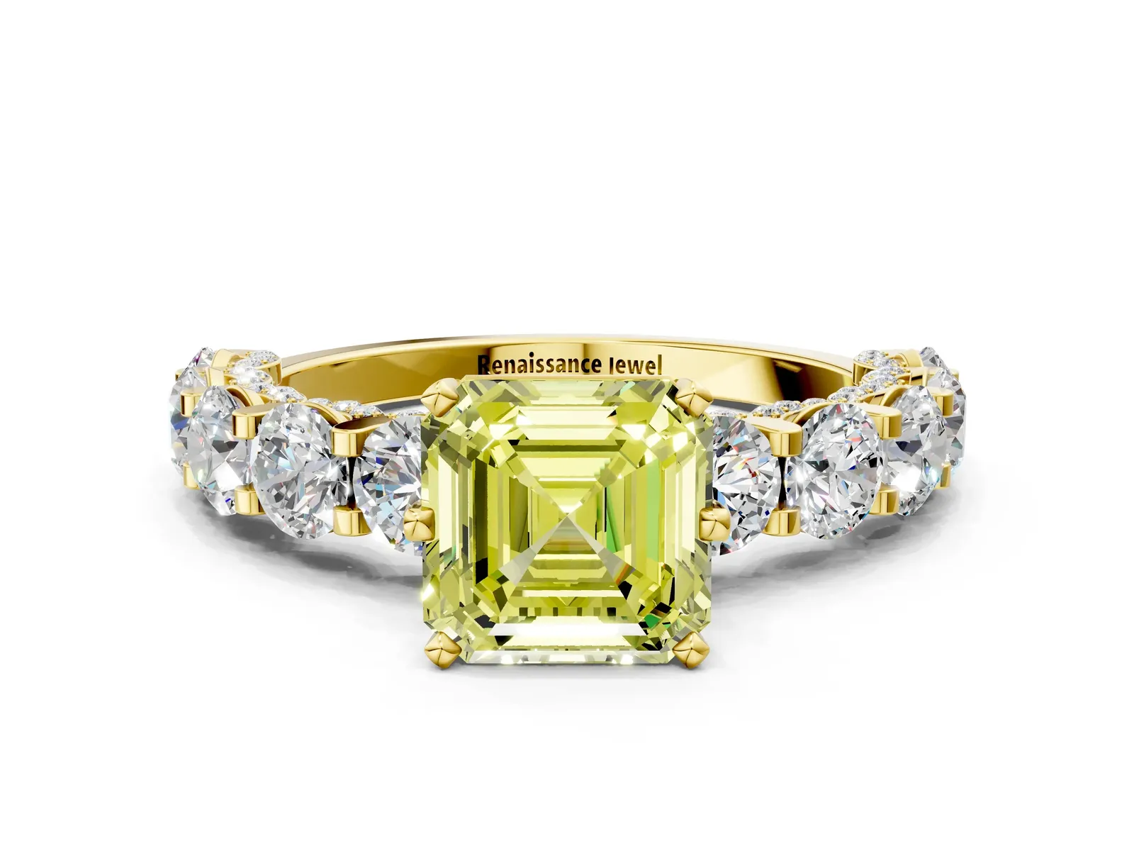 Fancy Yellow Asscher Cut Diamond Side Stone Engagement Ring with Four-Prong Setting Yellow gold
