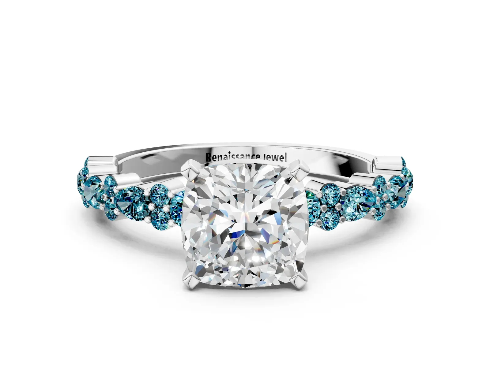 Cushion Cut Diamond Side Stone Solitaire Ring with Round Blue Topaz and Four-Prong Setting Platinum