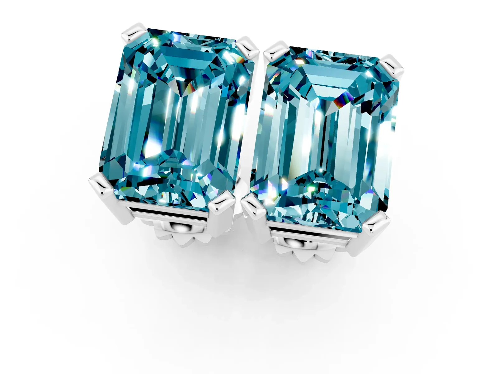 Emerald Cut Blue Topaz Stud Earrings White gold