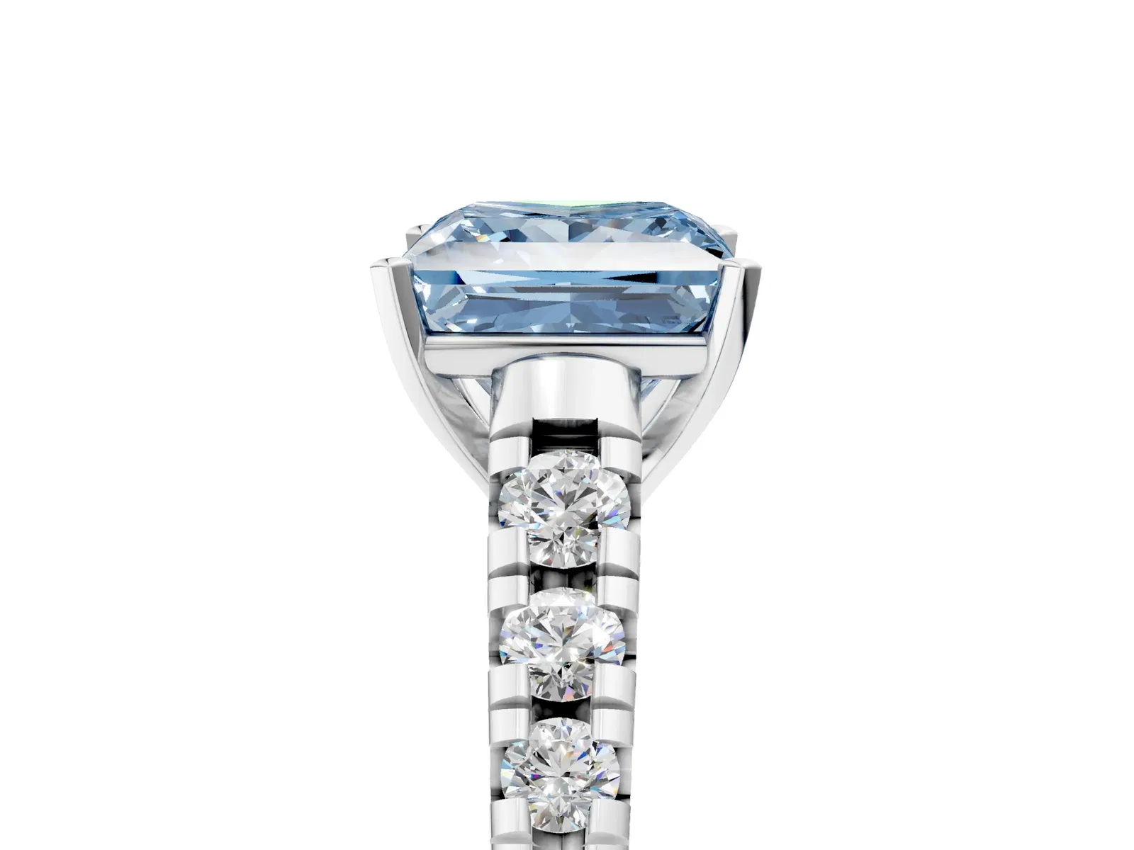 Fancy Blue Princess Cut Diamond Cathedral Solitaire Ring with Round Pavé Band Platinum