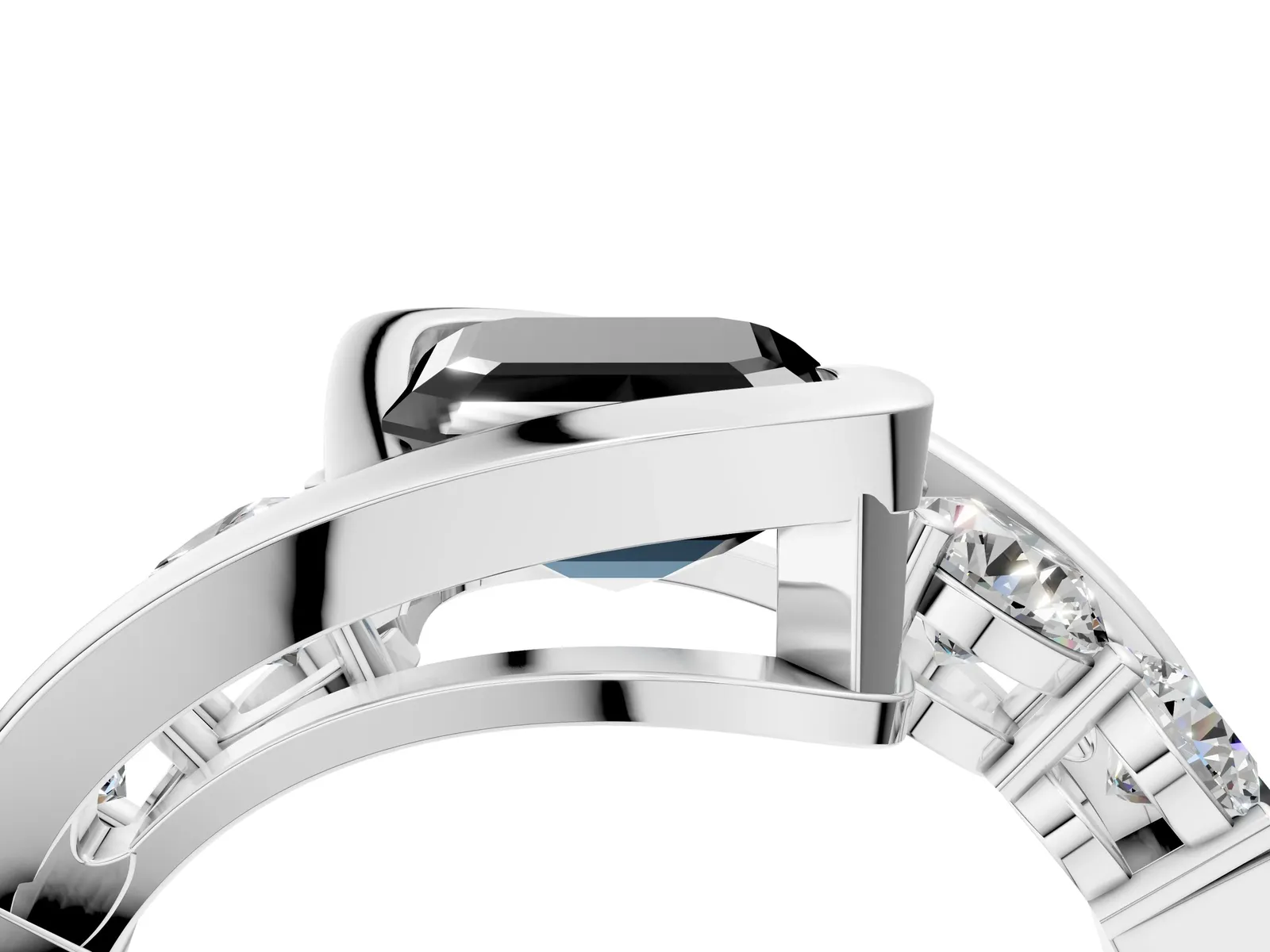 Fancy Black Bezel Set Asscher Cut Diamond Bypass Ring with Round Accents Platinum