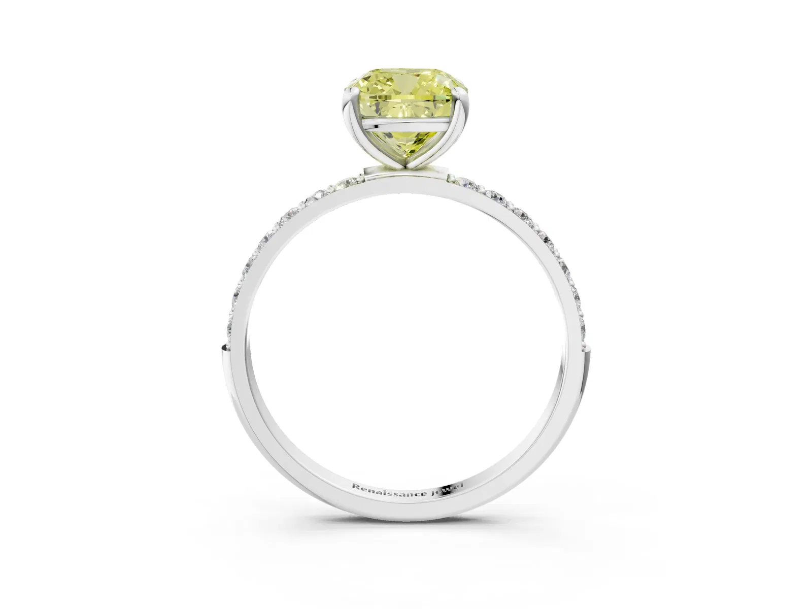 Fancy Yellow Cushion Cut Diamond Solitaire Ring with Round Pavé Band and Prong Setting Platinum