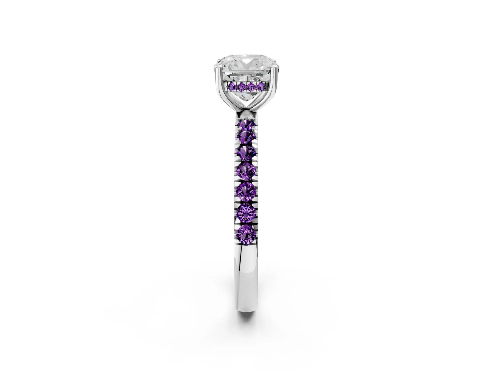 Cushion Cut Diamond Pave Band Solitaire Ring with Round Amethyst and Prong Setting Platinum