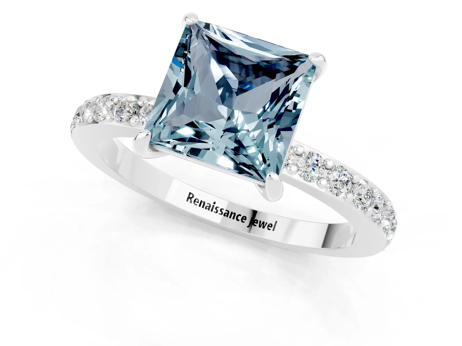 Princess Cut Aquamarine Solitaire Engagement Ring with Pavé Band and Four-Prong Setting Platinum