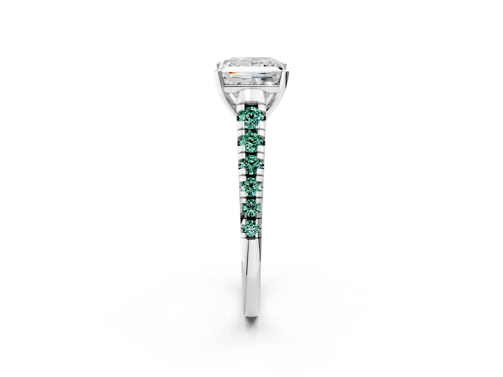 Princess Cut Diamond Cathedral Solitaire Ring with Round Green Sapphire Pavé Band Platinum
