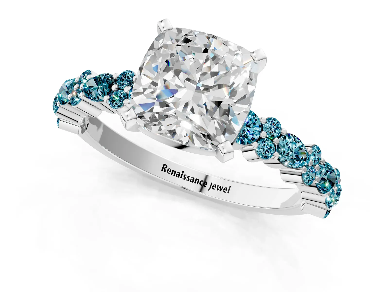 Cushion Cut Diamond Side Stone Solitaire Ring with Round Blue Topaz and Four-Prong Setting Platinum