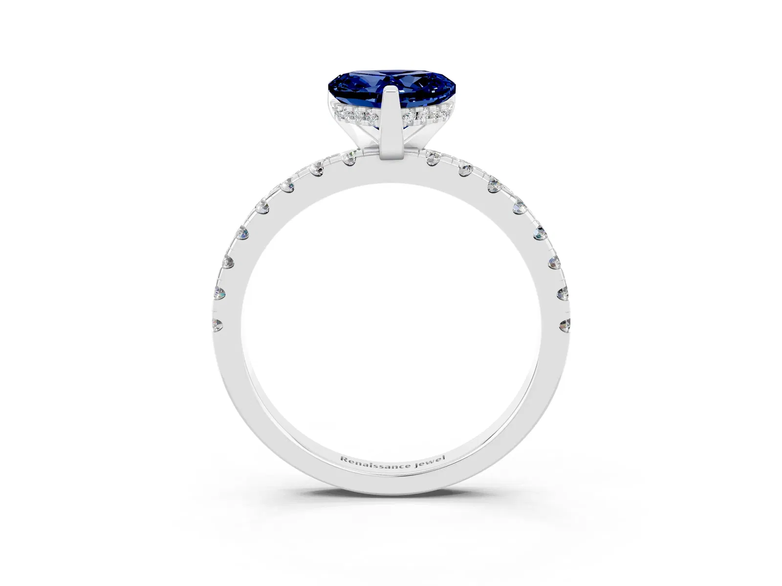 Heart Cut Blue Sapphire Solitaire Ring with Round Pavé Band and Four-Prong Setting Platinum
