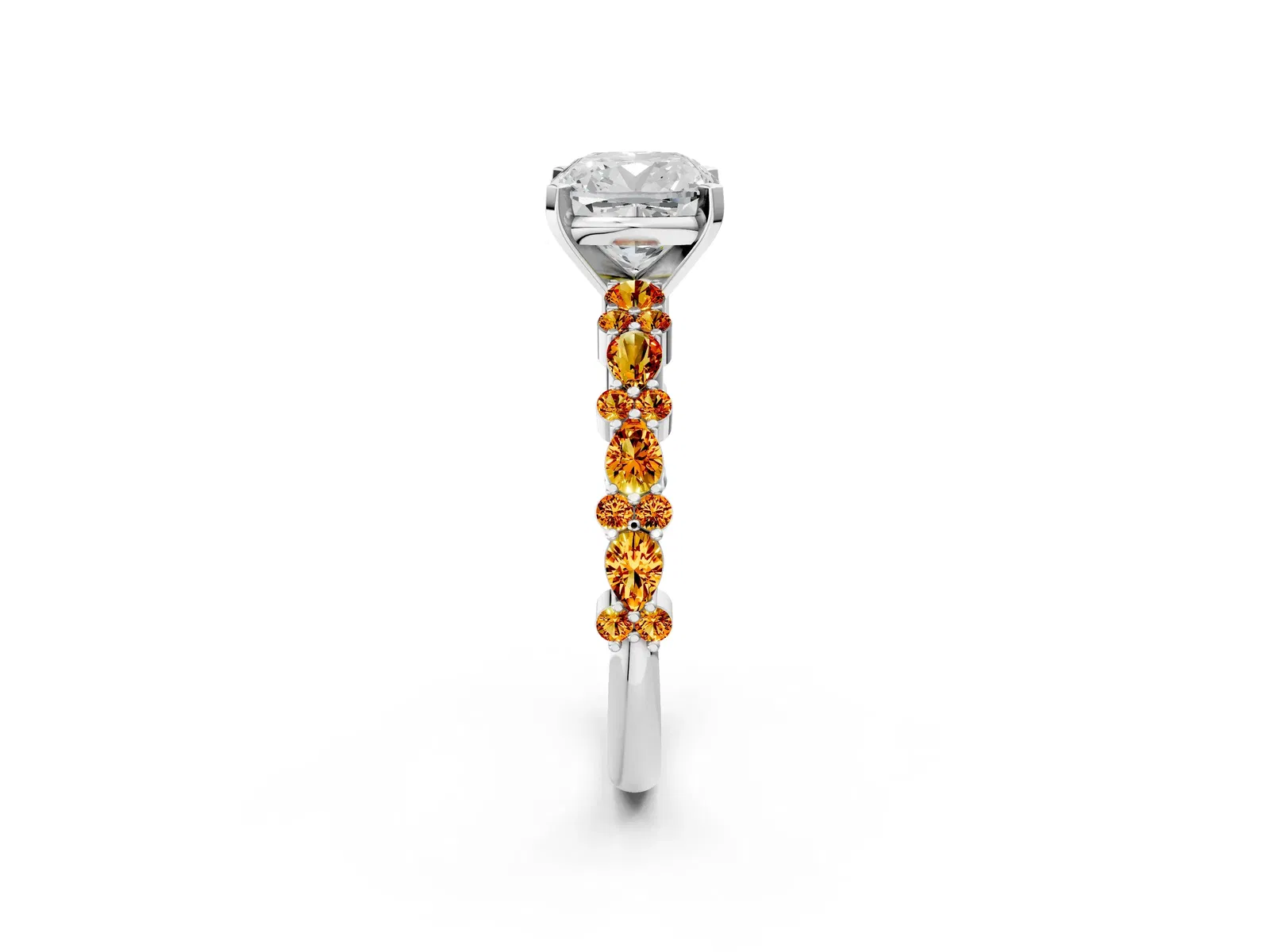 Cushion Cut Diamond Side Stone Solitaire Ring with Round Citrine and Four-Prong Setting Platinum