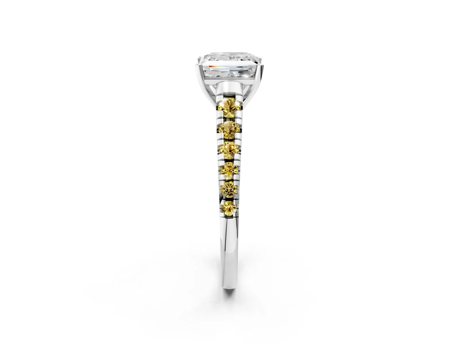 Princess Cut Diamond Cathedral Solitaire Ring with Round Yellow Sapphire Pavé Band Platinum