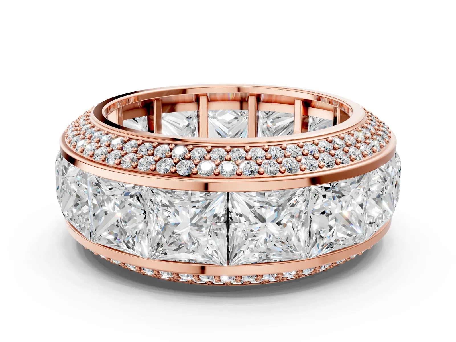 Princess Diamond Pavé Mens Wedding Band with Round Diamond Accents Rose gold