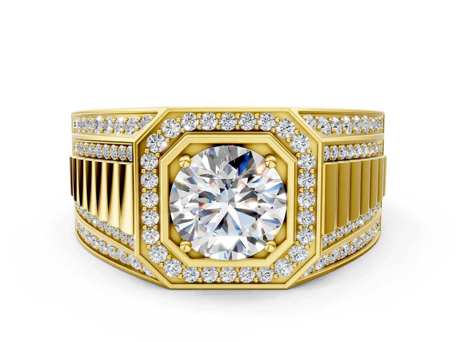 Round Diamond Octagonal Halo Mens Ring with Pavé Accents Yellow gold