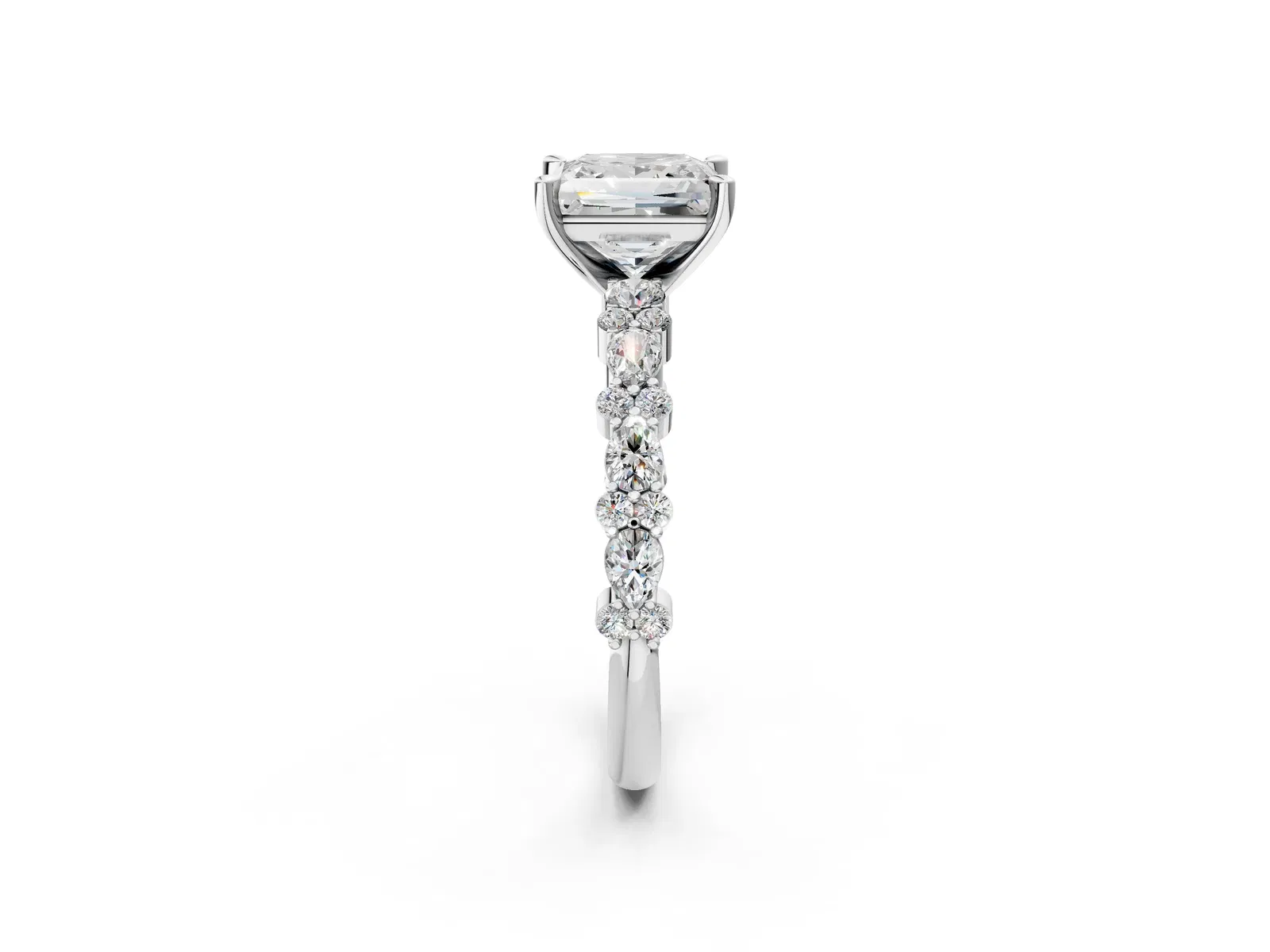 Princess Cut Diamond Side Stone Solitaire Ring with Round and Four-Prong Setting Platinum
