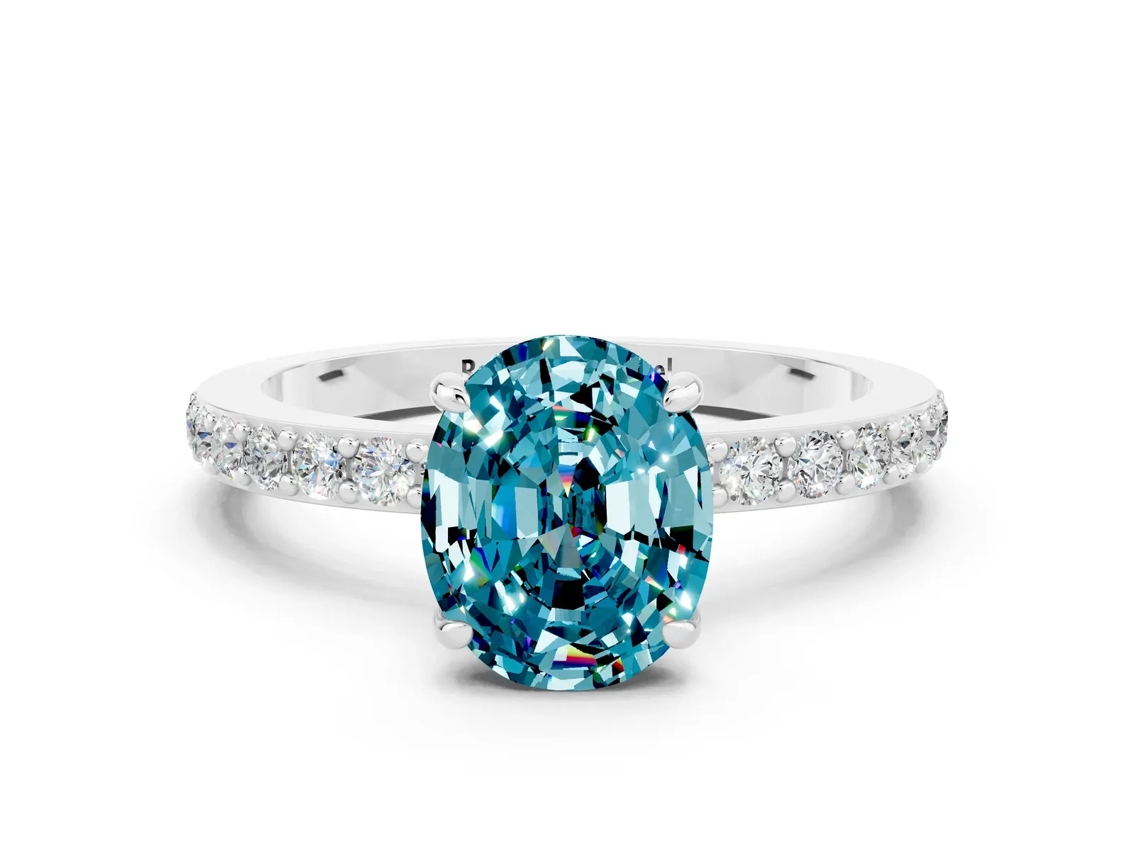 Oval Cut Blue Topaz Solitaire Engagement Ring with Pavé Band and Four-Prong Setting Platinum