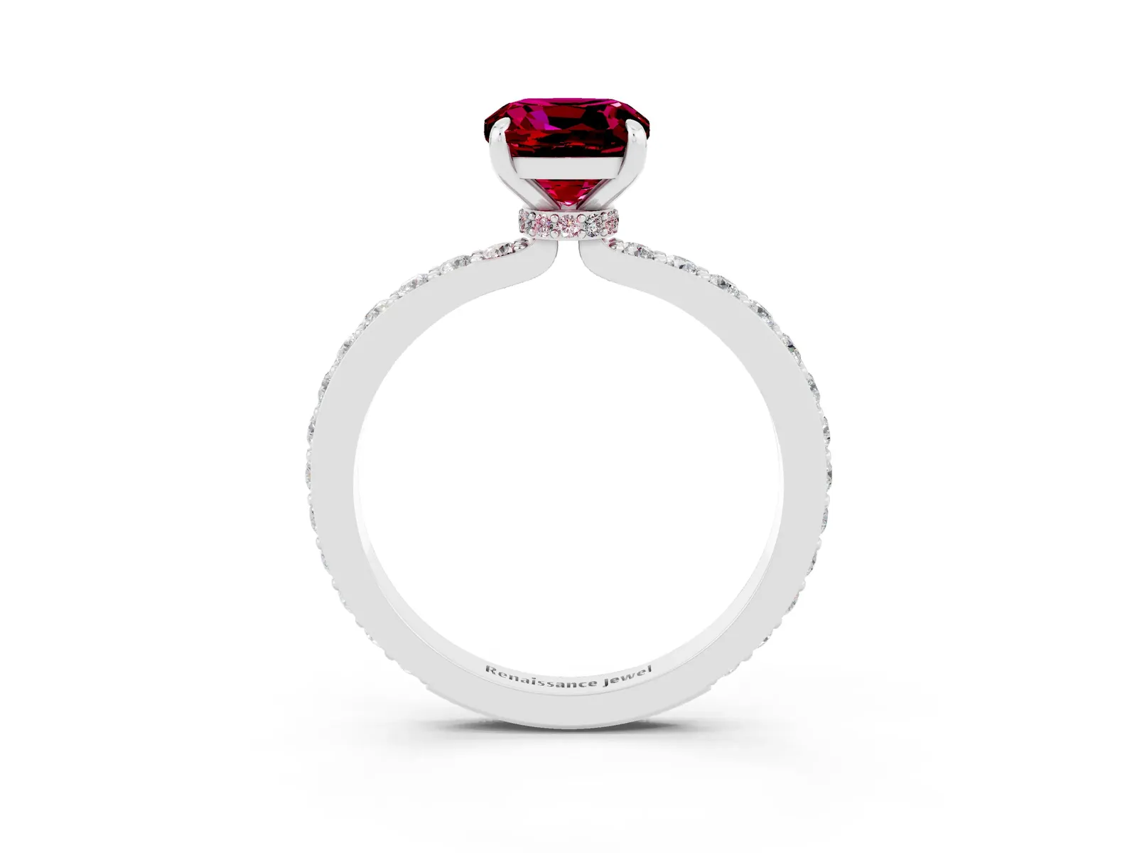 Cushion Cut Garnet Solitaire Engagement Ring with Pavé Band and Four-Prong Setting Platinum