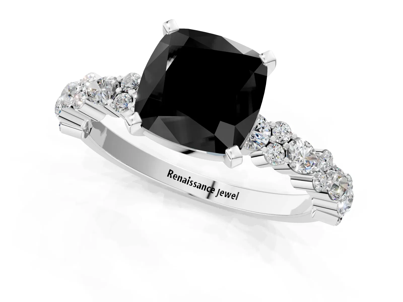 Fancy Black Cushion Cut Diamond Side Stone Solitaire Ring with Round and Four-Prong Setting Platinum