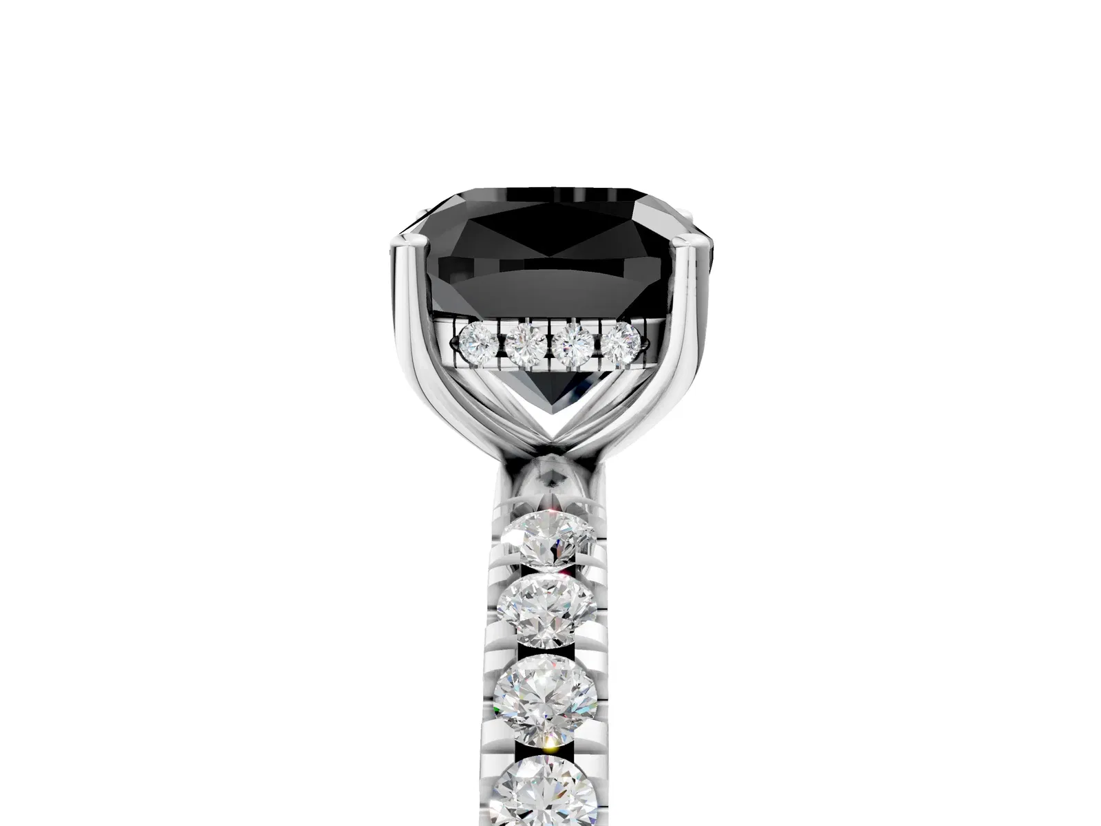 Fancy Black Cushion Cut Diamond Pave Band Solitaire Ring with Round and Prong Setting Platinum