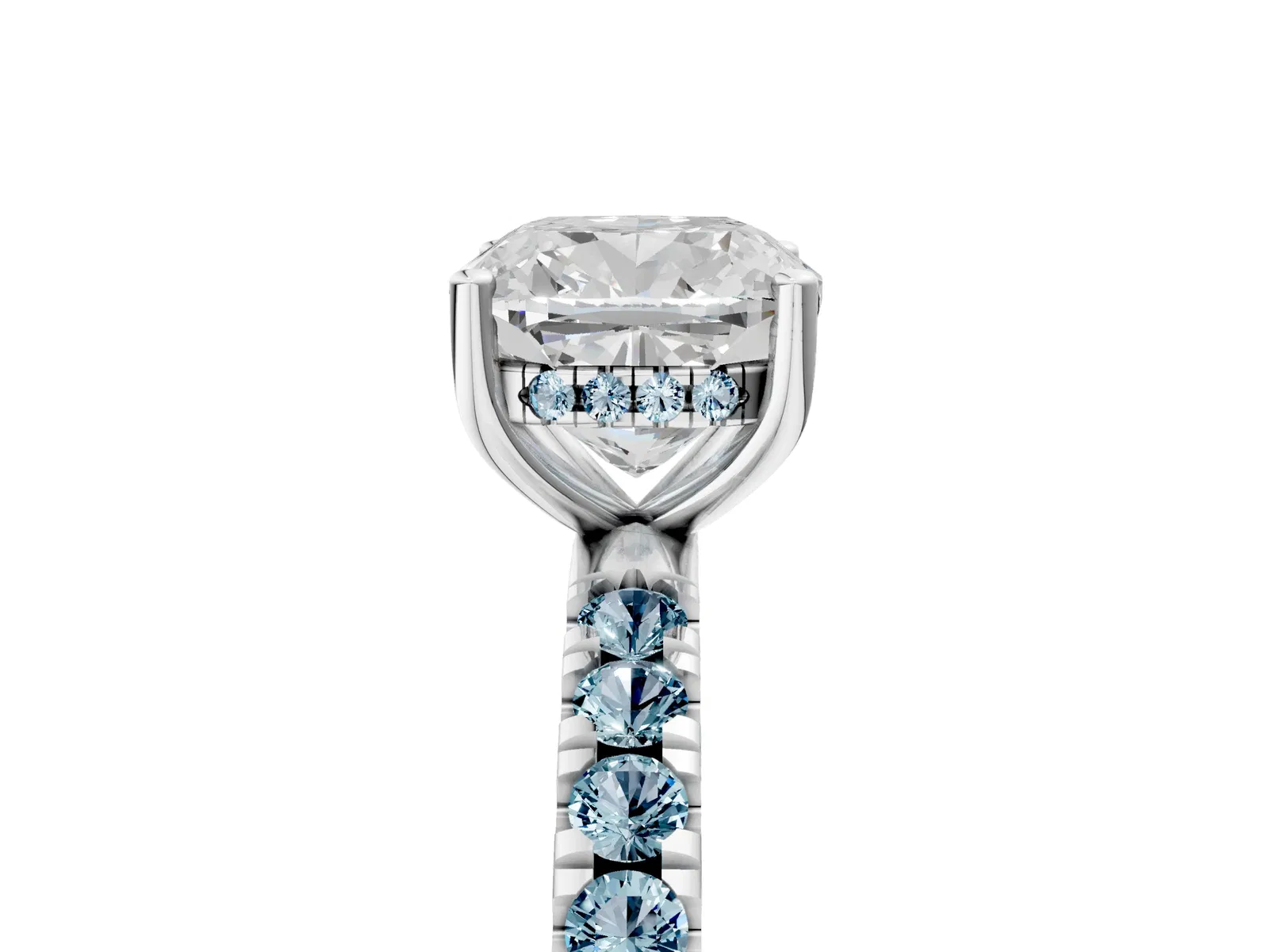 Cushion Cut Diamond Pave Band Solitaire Ring with Round Aquamarine and Prong Setting Platinum