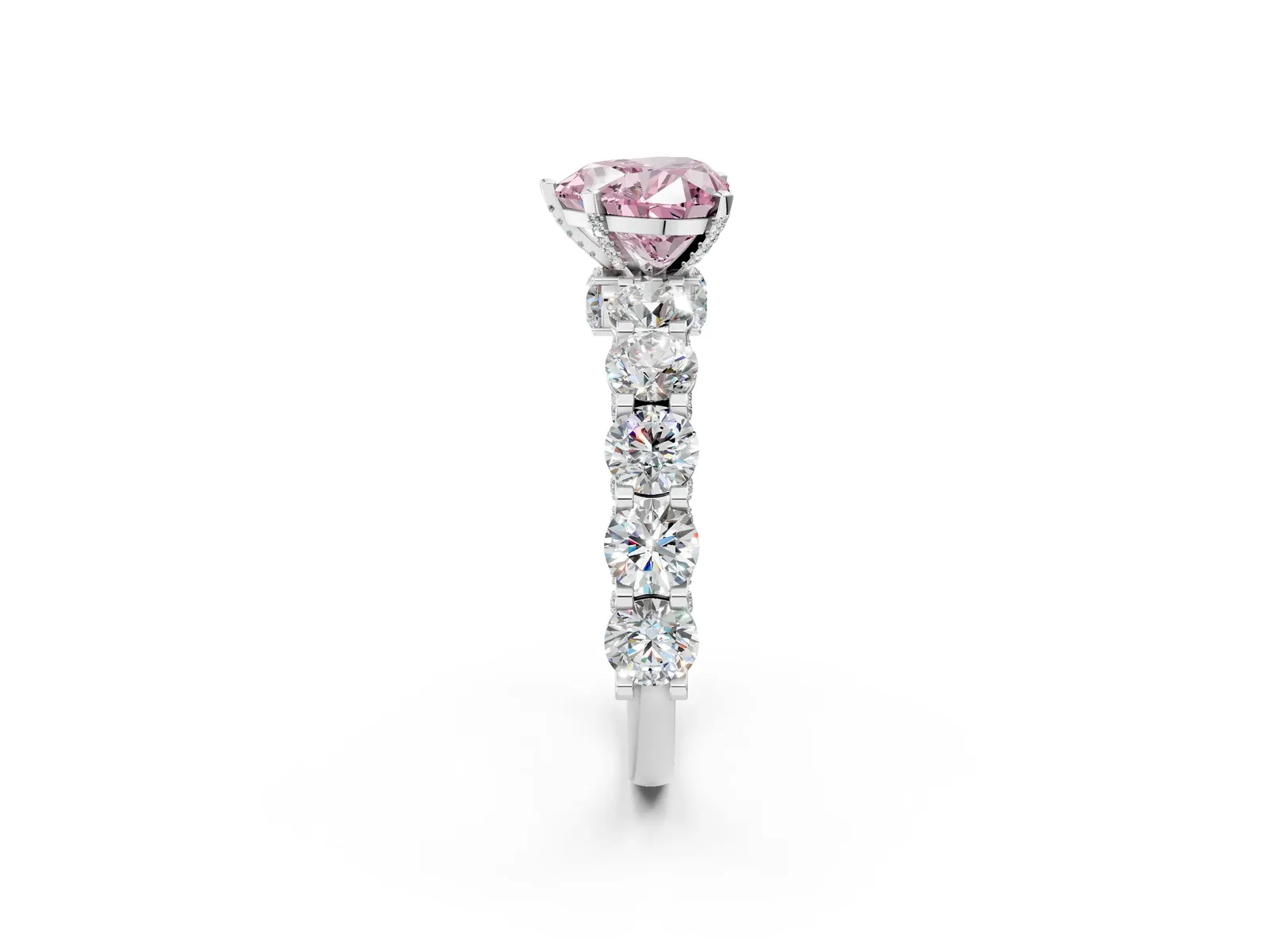 Fancy Pink Heart Cut Diamond Side Stone Engagement Ring with Four-Prong Setting Platinum