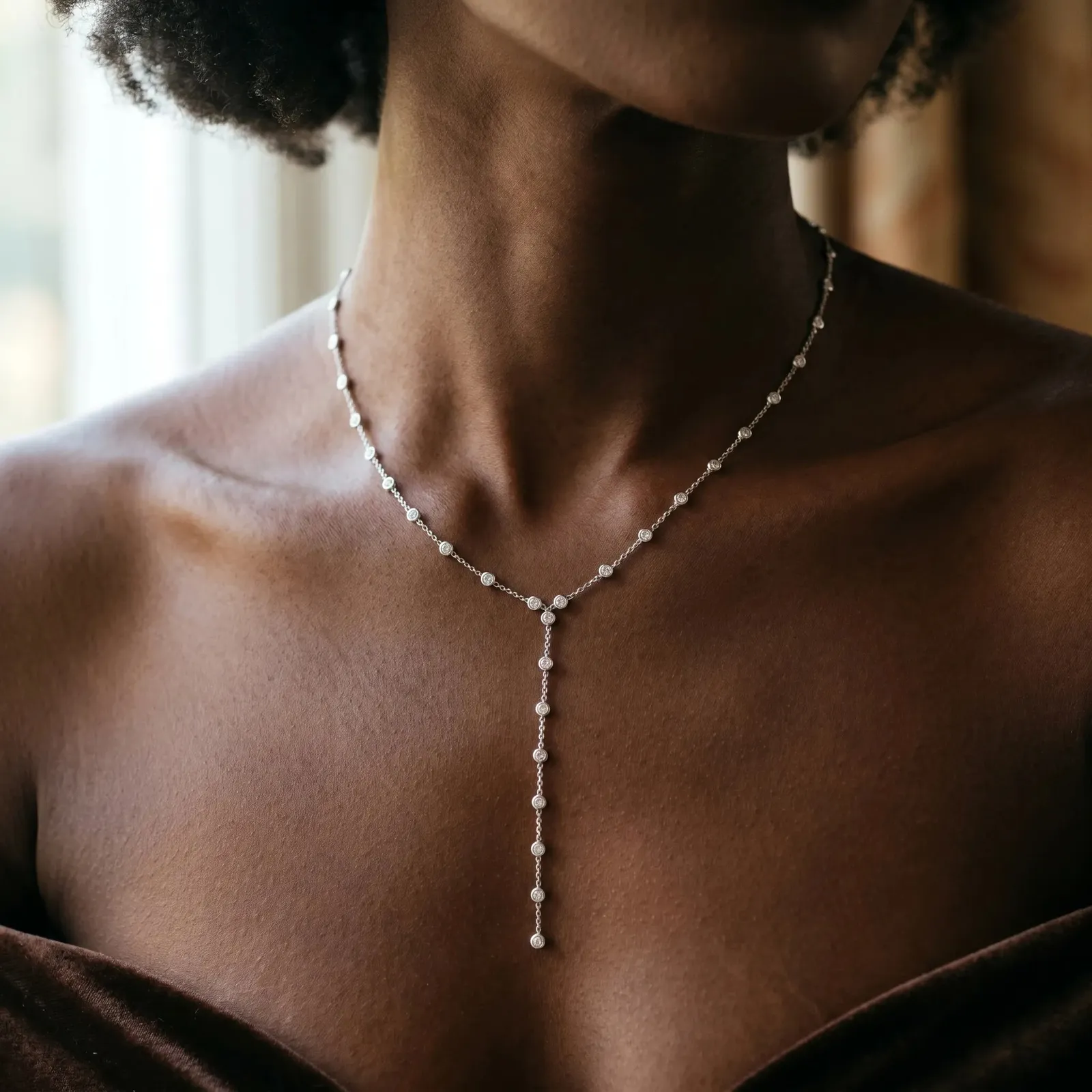 Bezel-Set Round Diamond Station Y Necklace White gold