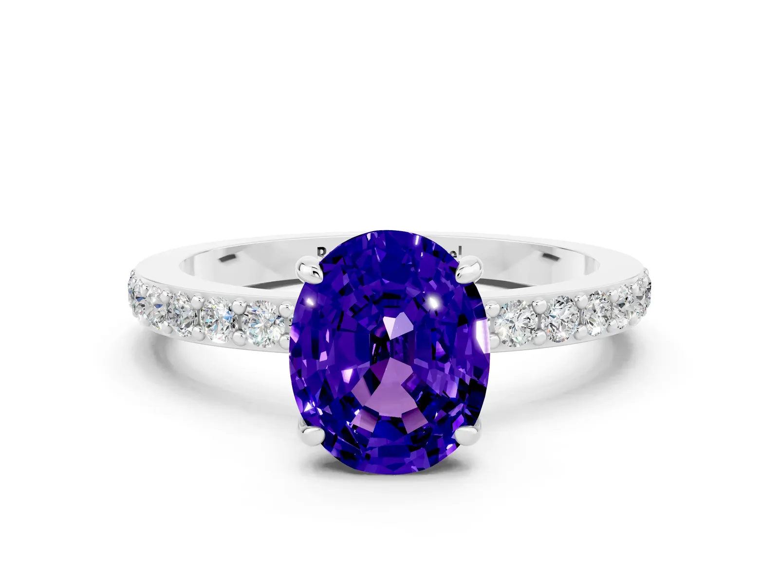 Oval Cut Tanzanite Solitaire Engagement Ring with Pavé Band and Four-Prong Setting Platinum