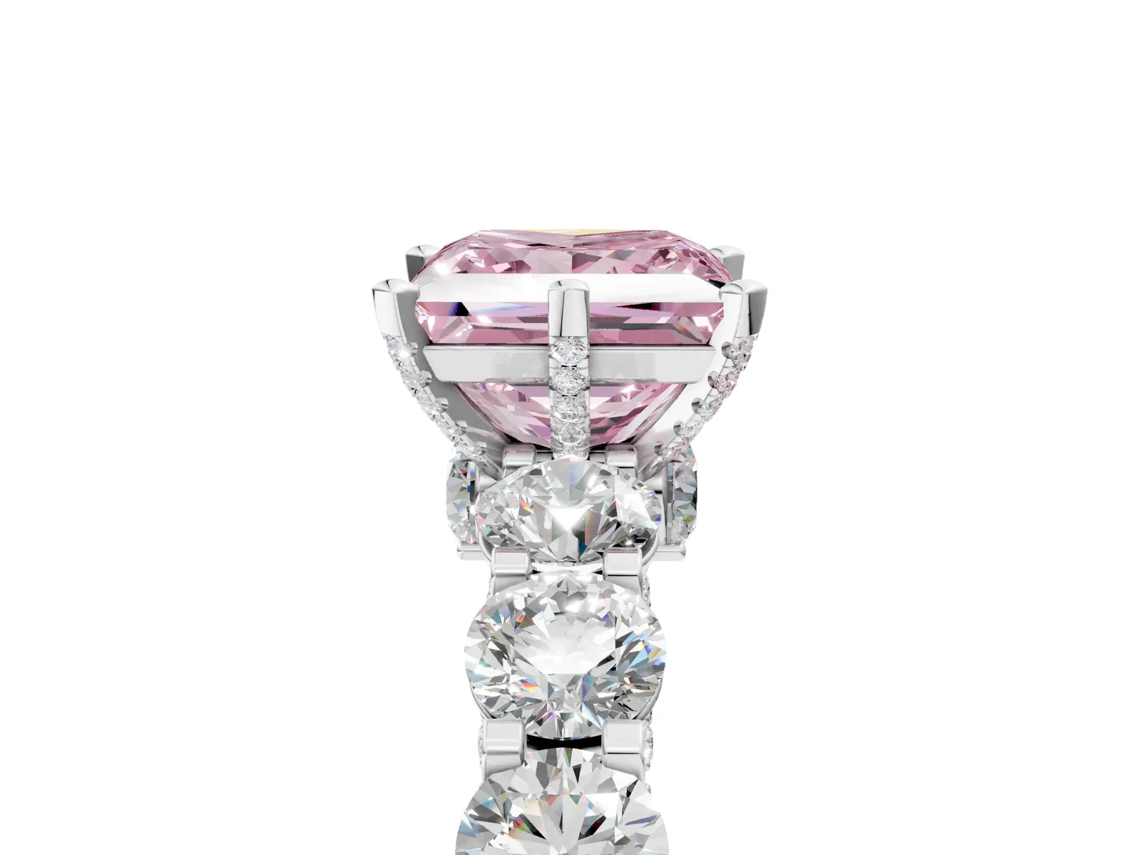 Fancy Pink Princess Cut Diamond Side Stone Engagement Ring with Four-Prong Setting Platinum