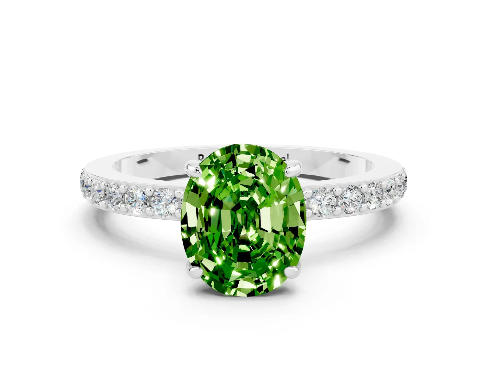 Oval Cut Peridot Solitaire Engagement Ring with Pavé Band and Four-Prong Setting Platinum