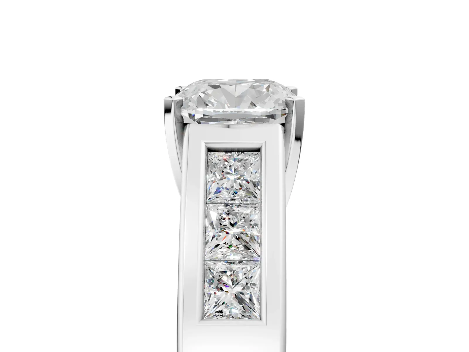 Cushion Cut Cut Channel Set Solitaire Ring with Four-Prong Setting Platinum