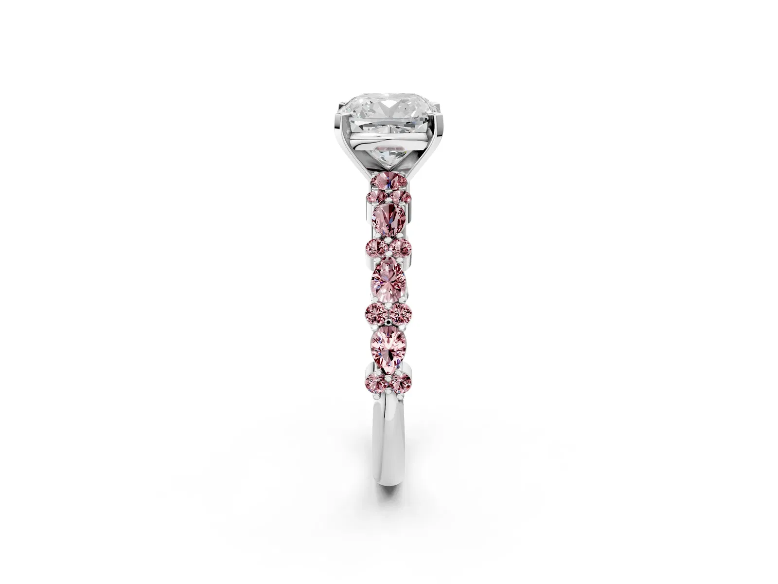 Cushion Cut Diamond Side Stone Solitaire Ring with Round Morganite and Four-Prong Setting Platinum