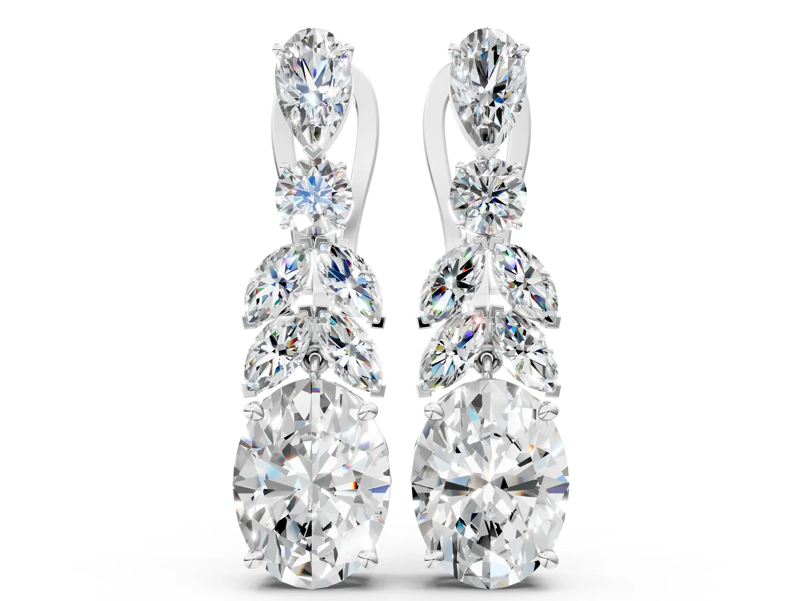 Oval, Marquise and Round Diamond Huggie Drop Earrings White gold