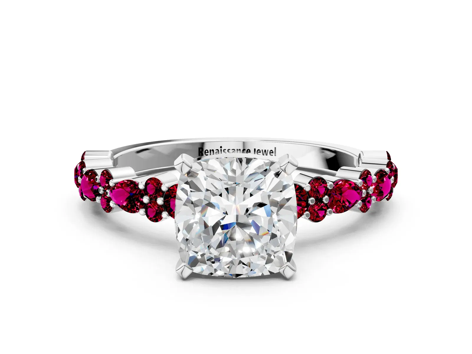 Cushion Cut Diamond Side Stone Solitaire Ring with Round Garnet and Four-Prong Setting Platinum