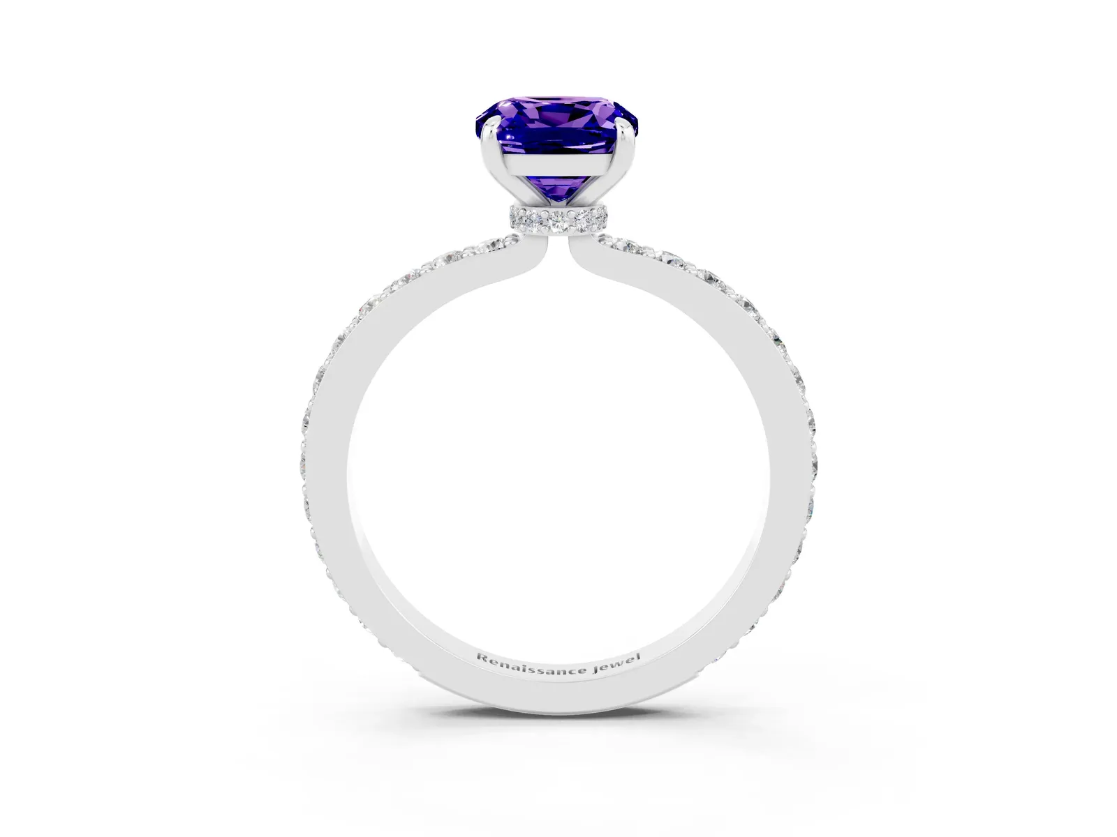 Cushion Cut Tanzanite Solitaire Engagement Ring with Pavé Band and Four-Prong Setting Platinum