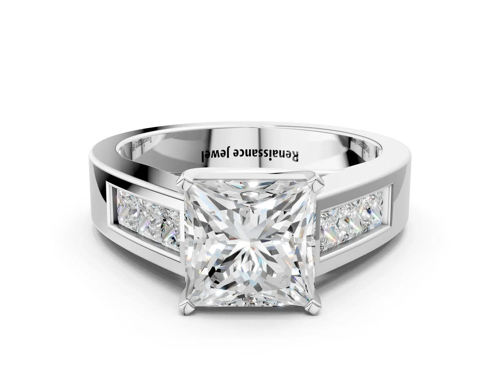 Princess Cut Cut Channel Set Solitaire Ring with Four-Prong Setting Platinum