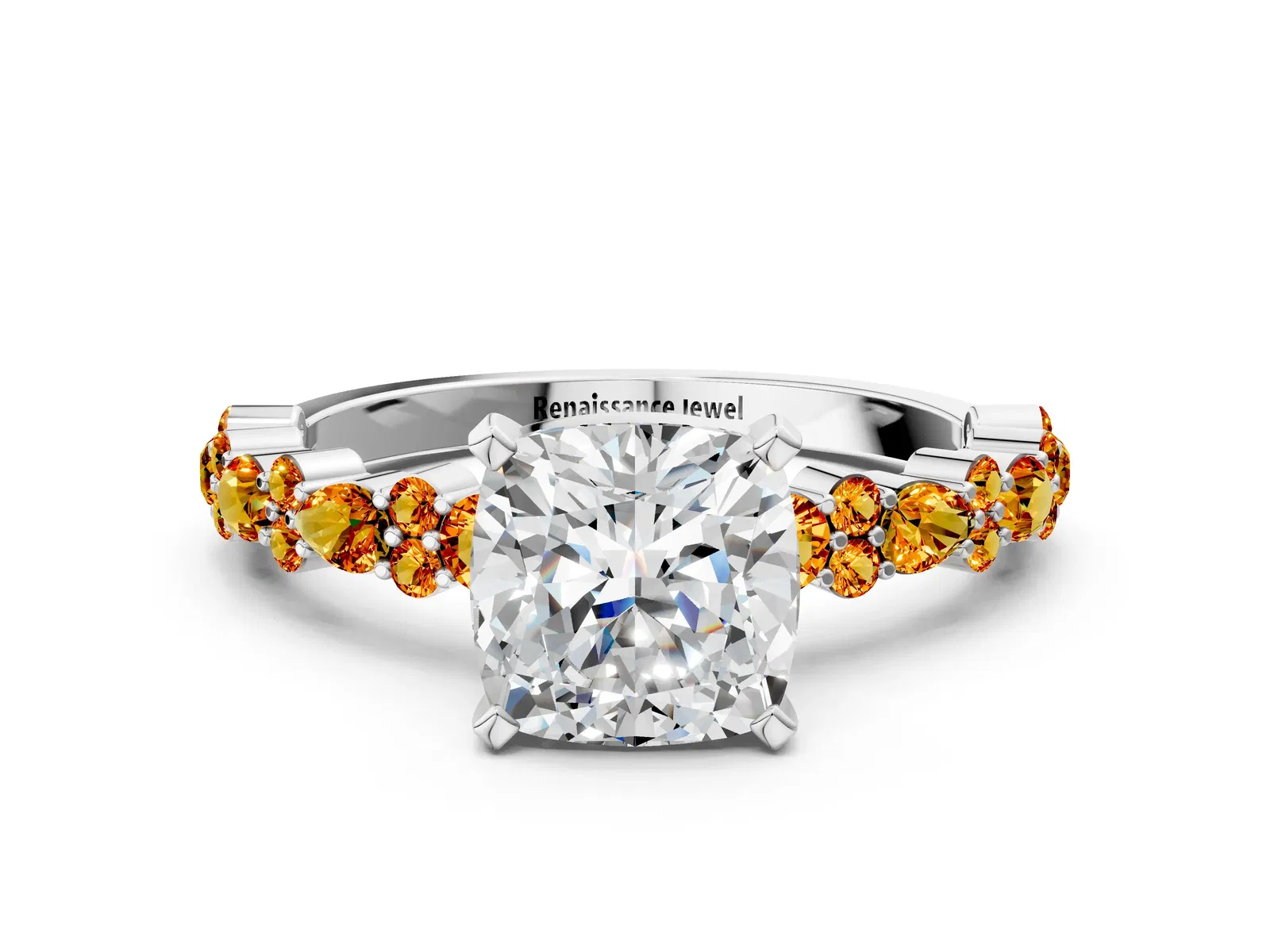 Cushion Cut Diamond Side Stone Solitaire Ring with Round Citrine and Four-Prong Setting Platinum