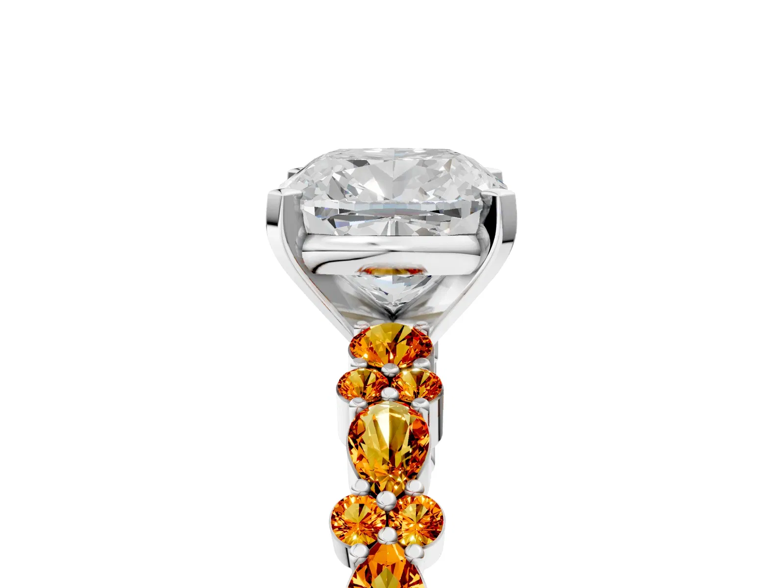 Cushion Cut Diamond Side Stone Solitaire Ring with Round Citrine and Four-Prong Setting Platinum