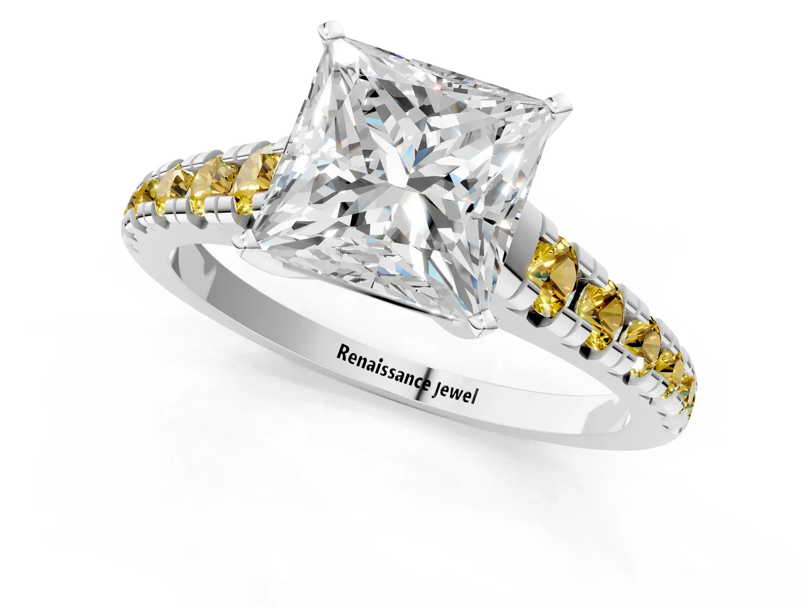 Princess Cut Diamond Cathedral Solitaire Ring with Round Yellow Sapphire Pavé Band Platinum