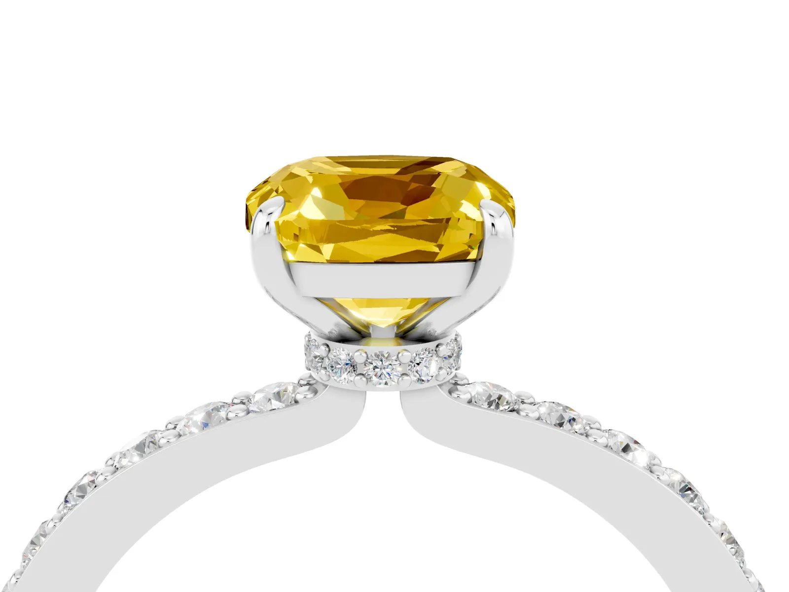 Cushion Cut Yellow Sapphire Solitaire Engagement Ring with Pavé Band and Four-Prong Setting Platinum