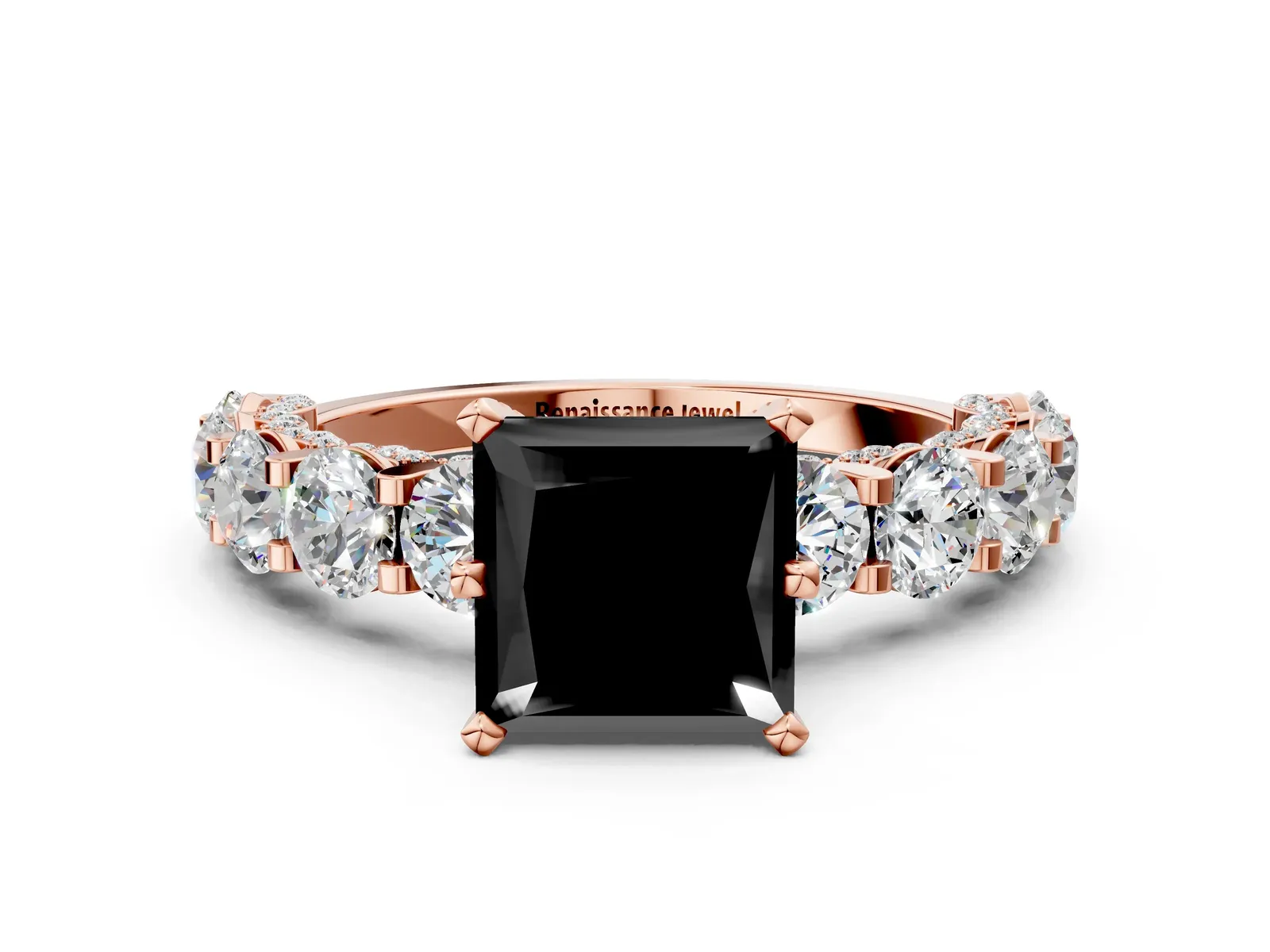 Fancy Black Princess Cut Diamond Side Stone Engagement Ring with Four-Prong Setting Rose gold