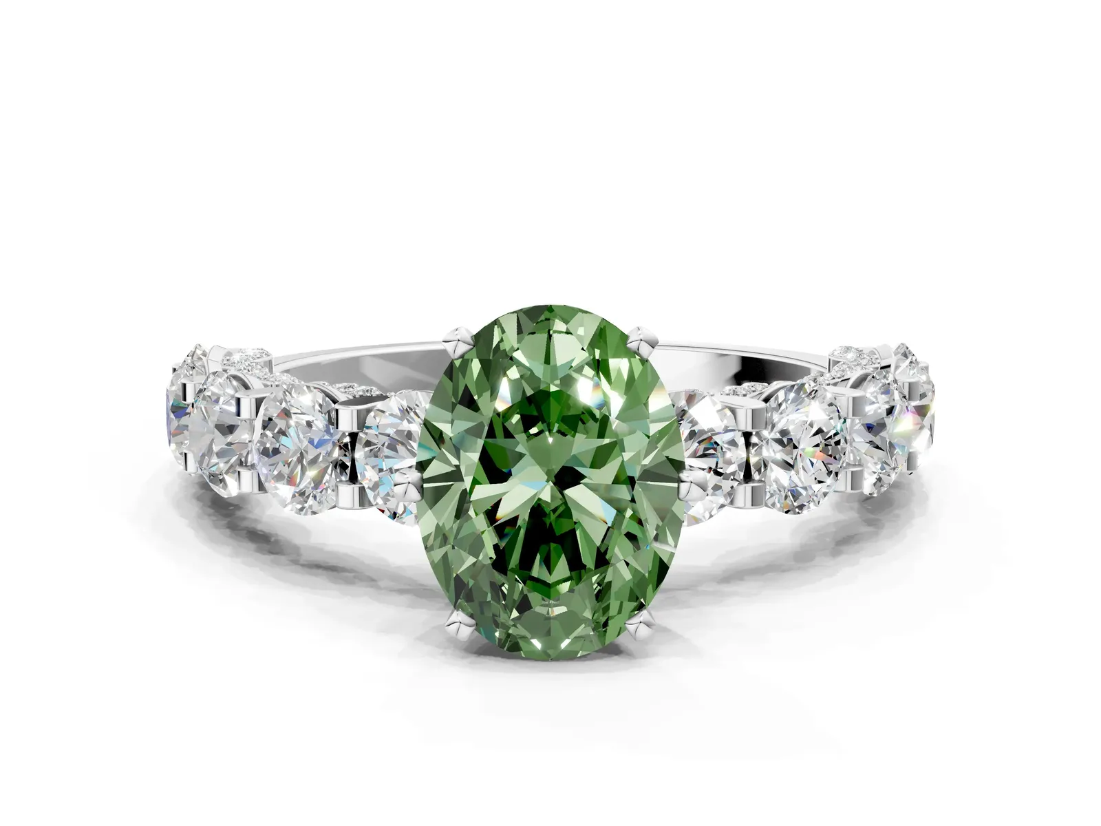 Fancy Green Oval Cut Diamond Side Stone Engagement Ring with Four-Prong Setting White gold