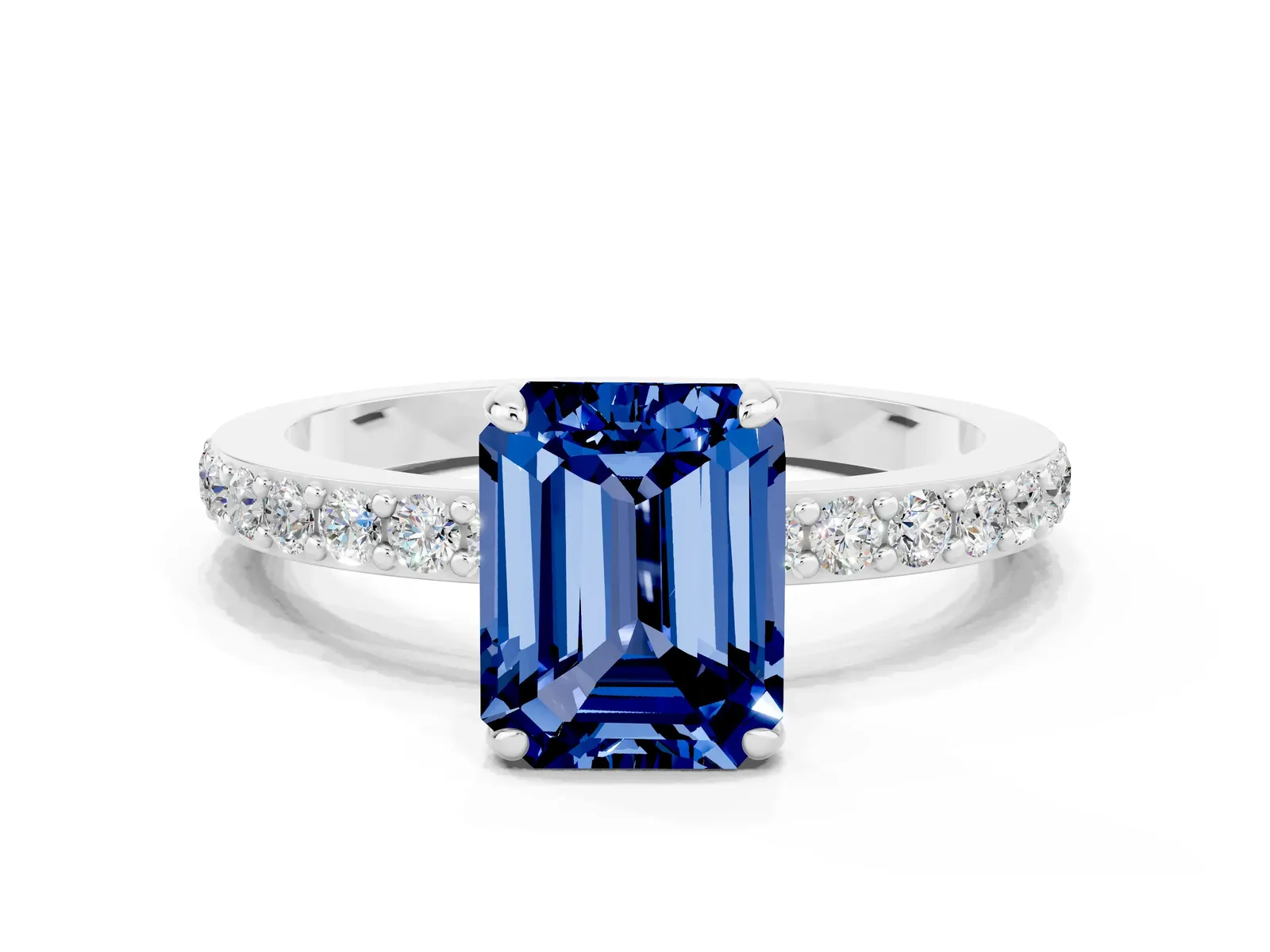 Emerald Cut Blue Sapphire Solitaire Engagement Ring with Pavé Band and Four-Prong Setting Platinum