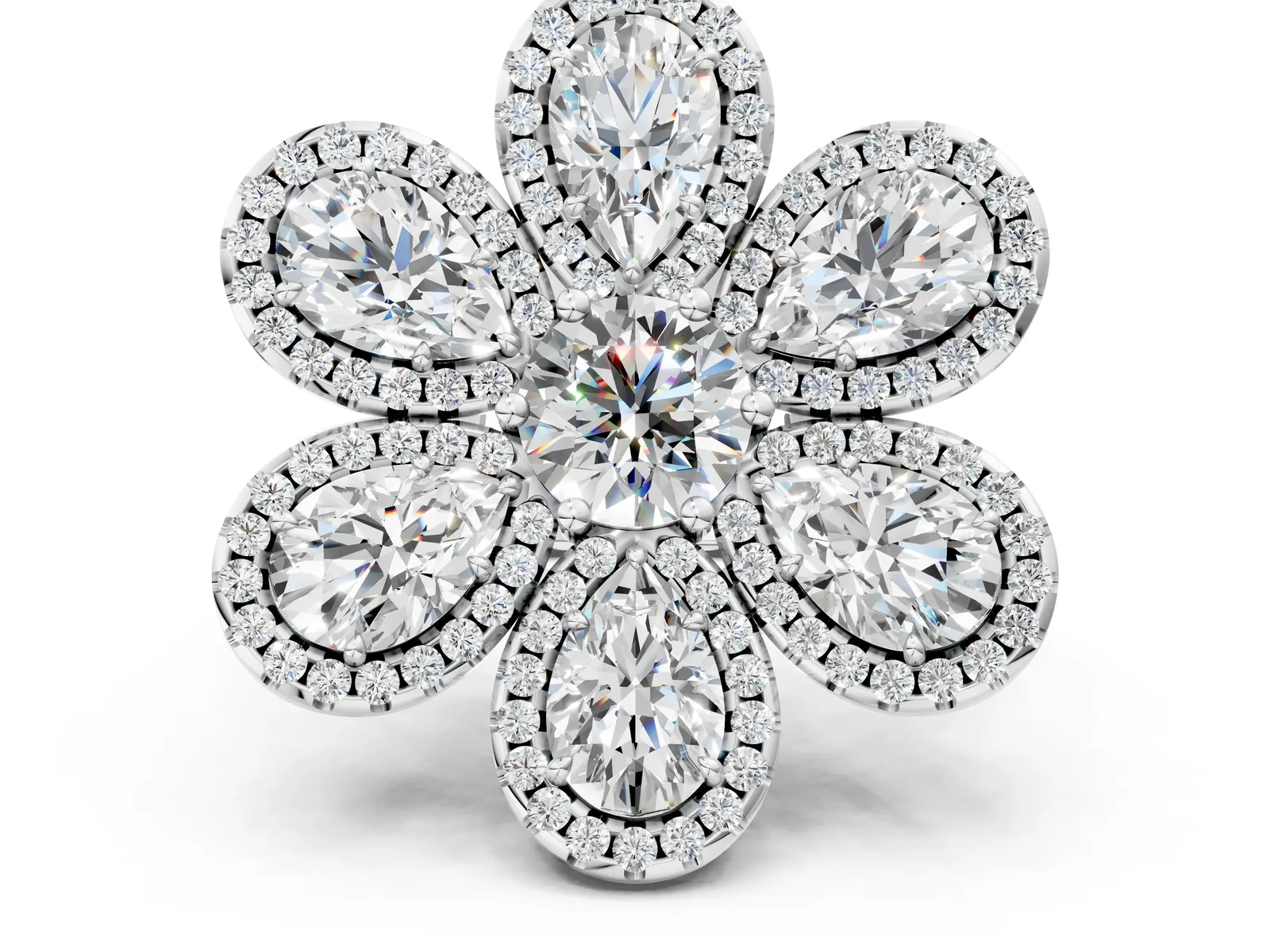 Pear Diamond Floral Promise Ring with Round Diamond Center White gold